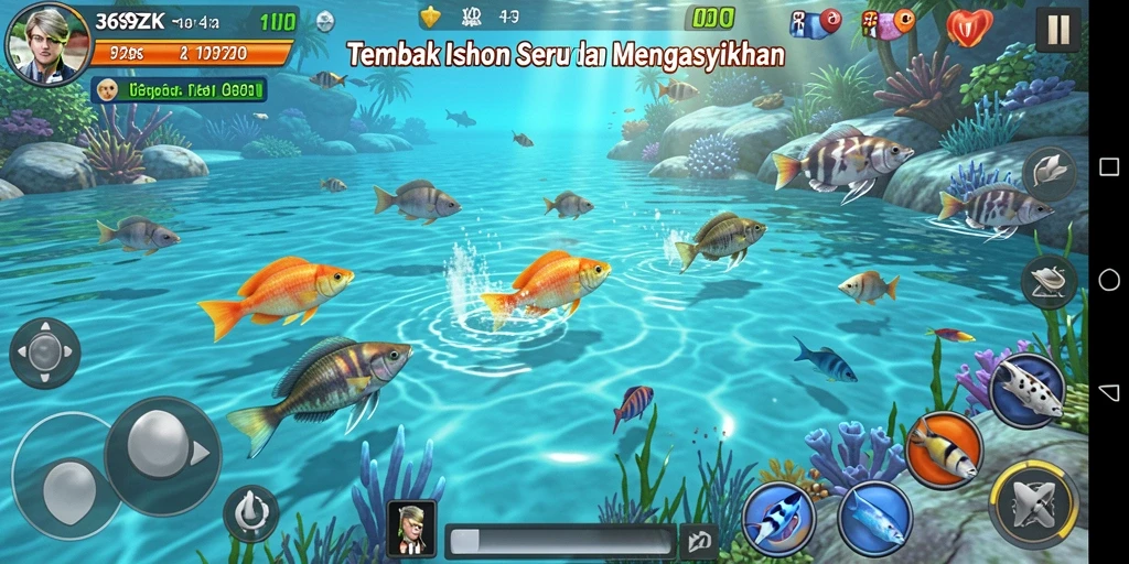 Screenshot gameplay Tembak Ikan dengan aksi menembak ikan.