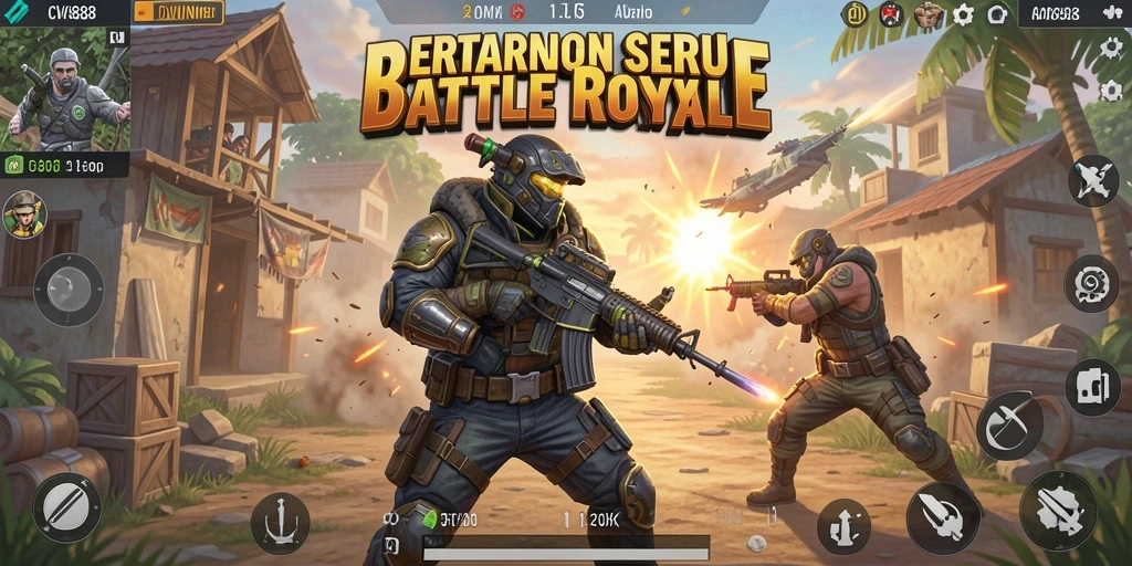 Screenshot utama CW8888 menampilkan aksi pertempuran seru di medan tempur Battle Royale.