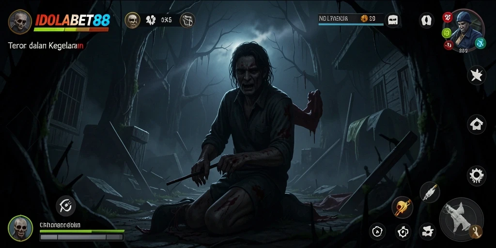 Screenshot gameplay <strong>IDOLABET88</strong> memperlihatkan suasana mencekam dan makhluk mengerikan.