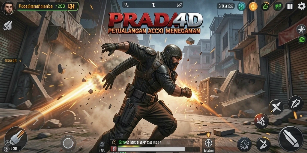 Tampilan mendebarkan dari gameplay aksi PRADA4D yang penuh dengan pertempuran.