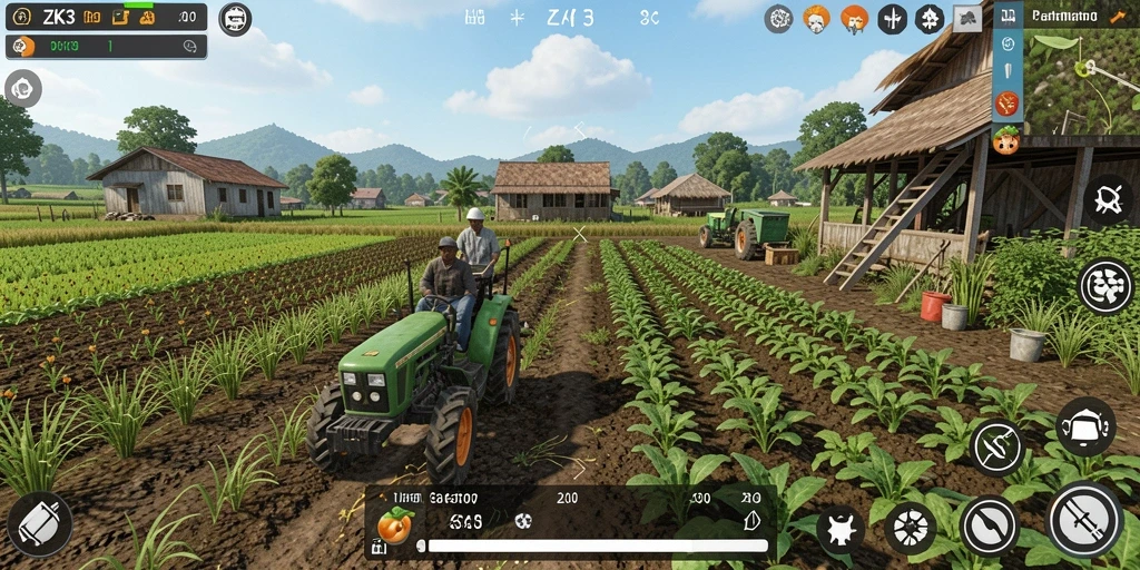 Screenshot gameplay ZK3 menunjukkan belaian hijau ladang siap panen.